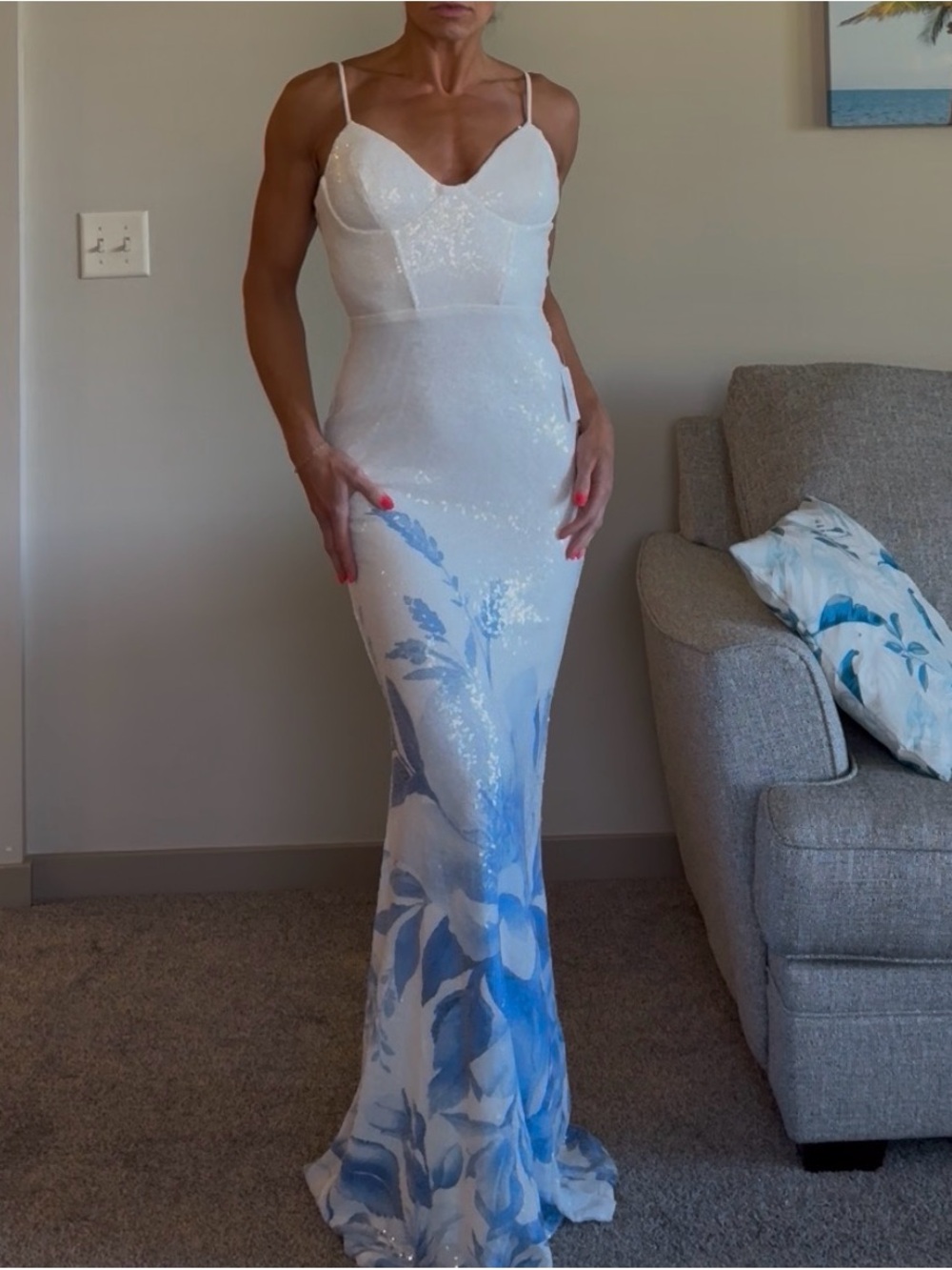 NWT White & Blue Floral Full Sequin Spaghetti-Strap Evening Dress